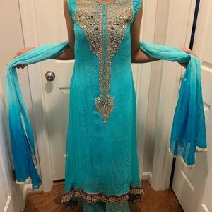 Blue high low Pakistani shalwar kameez